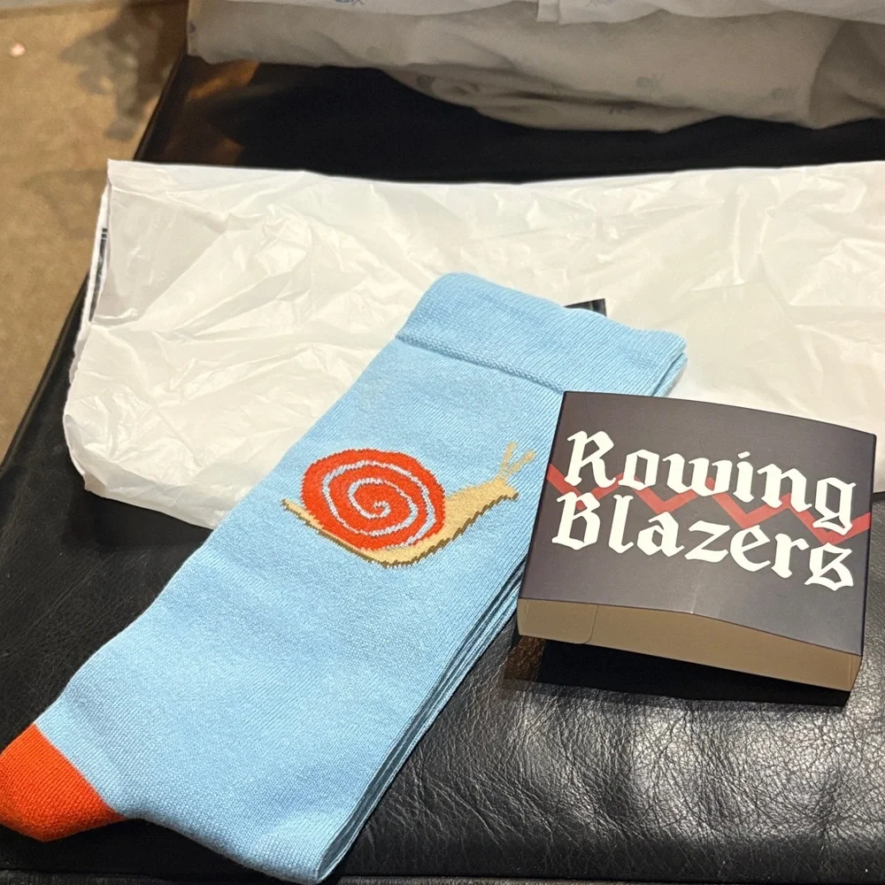 Rowing Blazers Blue Socks with Orange Snail Design - Picture 1 of 4